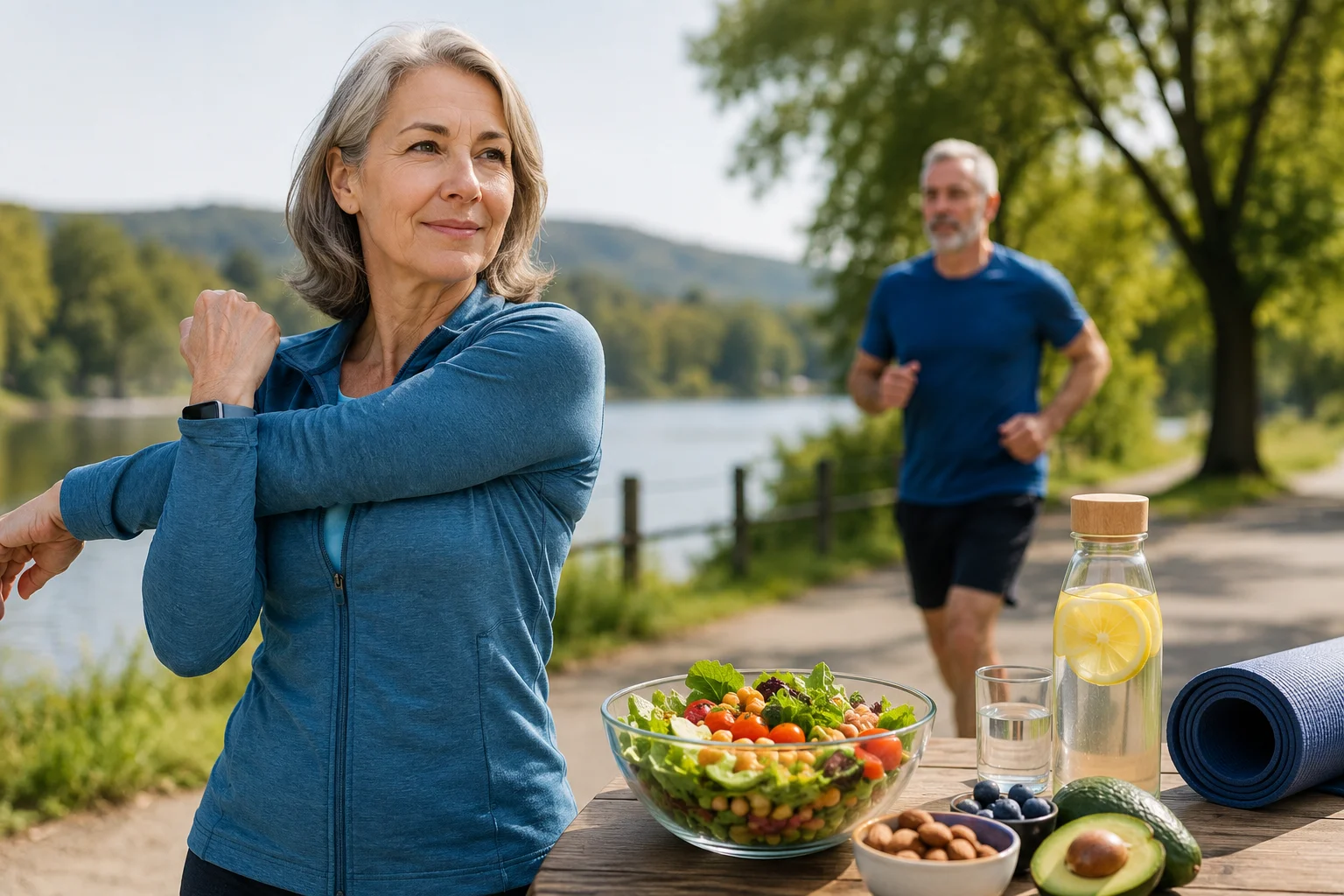 Donna matura che fa stretching all’aperto in un contesto di benessere e longevità, con attività fisica e alimentazione sana